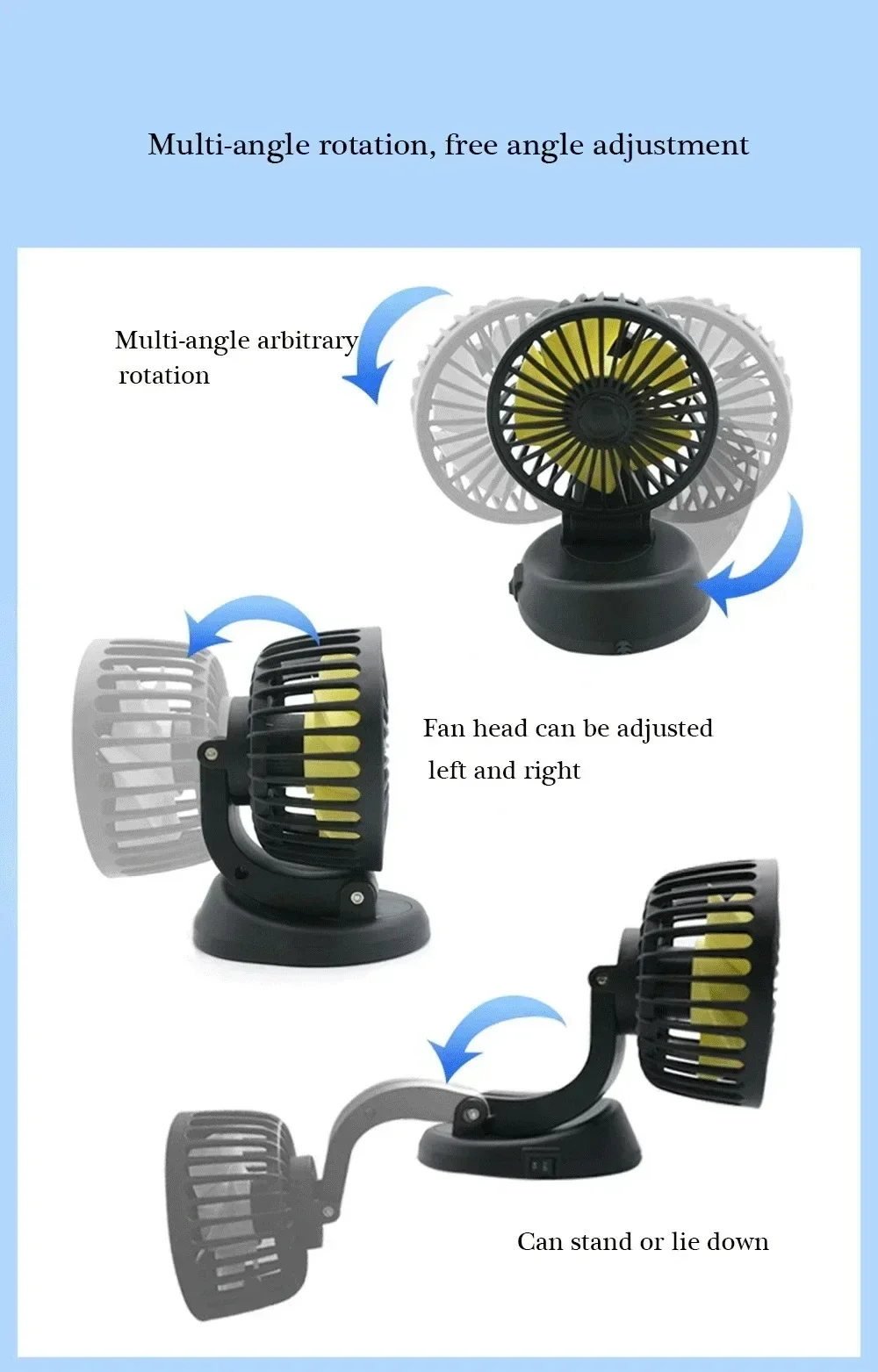 EAFC 5 V 12 V 24 V Autoventilator Doppelkopf-Luftkühlungsventilator 360 ° Einstellbarer tragbarer USB-Mini-Luftventilator mit geringem Rauschen, Autozubehör – Detail 6