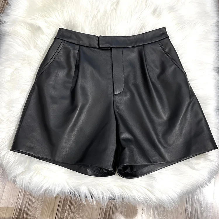 2024 Women New Arrival Women Brief Slim Elastic Waist Real Sheepskin Leather Shorts
