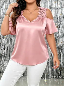 Plus Size Women Satin Blouse Cold Shoulder V Neck Lace Top Short Loose Fit Casual Top Chic Womens Top Spring Summer Party Tops 1