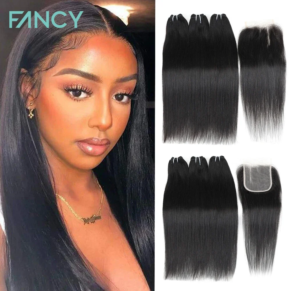 

Fancy Hair Brazilian Remy Straight Hair 3 Bundles with Closure 100% Unprocessed Human Hair Bundles 4x4 Lace Closure Extensions