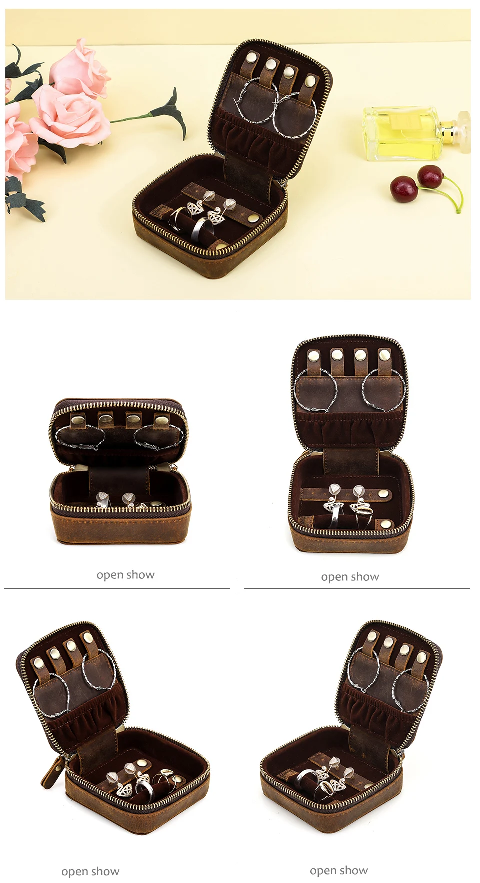 Handgemachte Retro Echtleder Schmuck Aufbewahrungsbox Organizer Display Reise Schmuckschatulle Halter für Männer Frauen Ring Zubehör – Detail 14