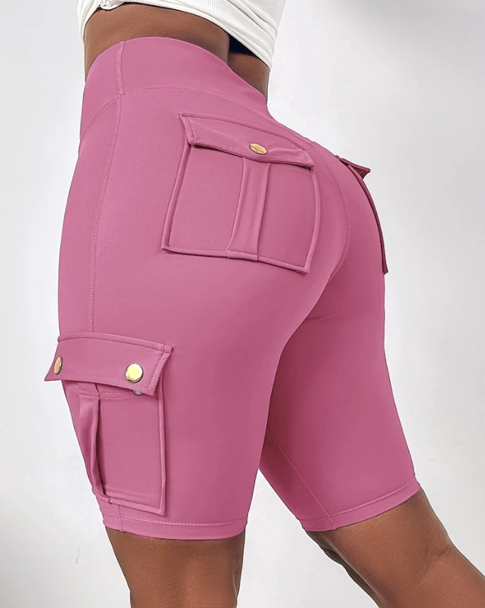 Women's Shorts 2024 Summer Fashion Ruched Quick Dry Pocket Design High Waist Casual Skinny Plain Daily Sports Yoga Shorts