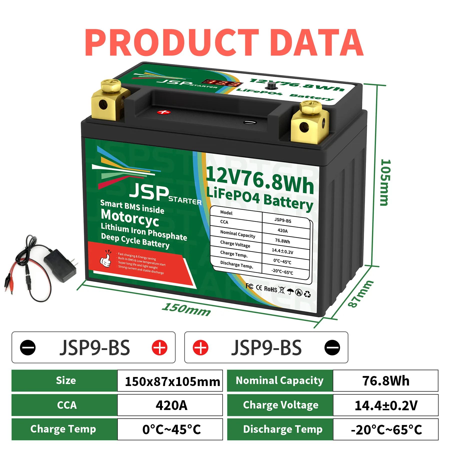 Jsp9-Bs 12.8V 76.8Wh Cca 420A Bms Moto Start Batteria 12.8V Litio Ferro Fosfato Scooter Lifepo4 Batterie Ytx9-Bs