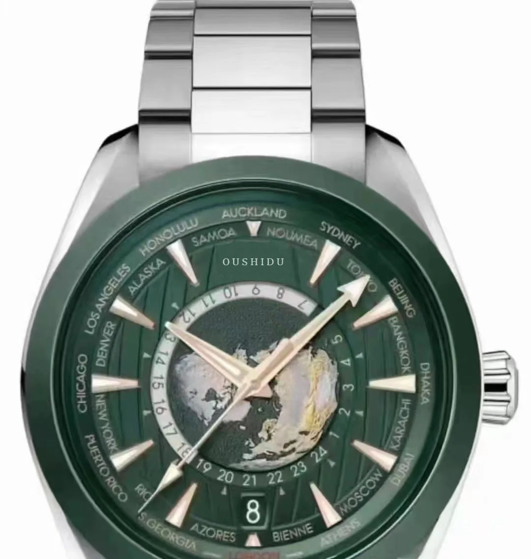 

latest new arrival gmt green planet dial worldtimer hesalite green ceramic bezel 43mm automatic movement man watch for man men