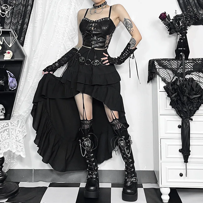 Gothic Kawaii Black Tiered Skirt with Irregular Hem – Retro 90s Inspired Party Fashion