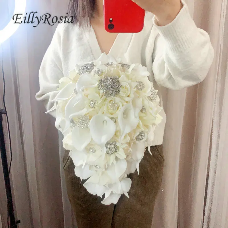 EillyRosia Romantic Cream White Waterfall Bridal Bouquet with Brooch Real Touch Wedding Flowers for Bride