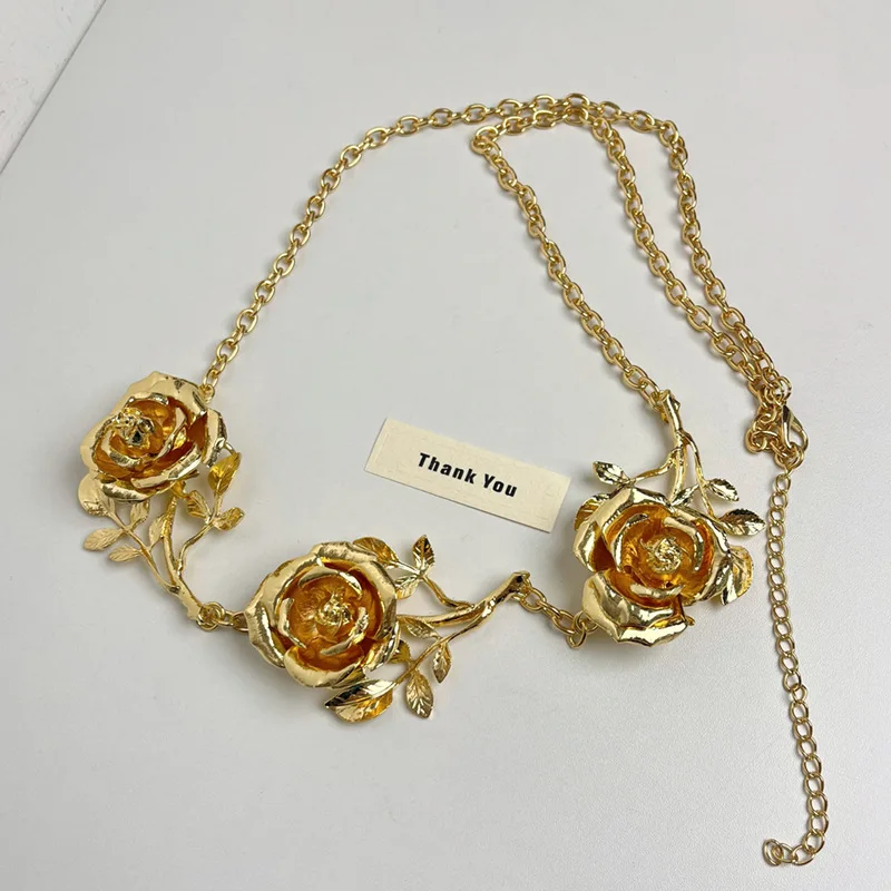 Women's rose waist chain gold color small fragrance retro fashion metal chain thin belt accessories
