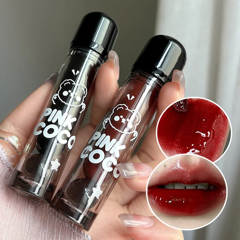 PINKCOCO Bear Doodle Mirror Lip Glaze — Long-Lasting Shiny Lip Gloss, Student-Friendly, Skin-Brightening Nude Lipstick 3