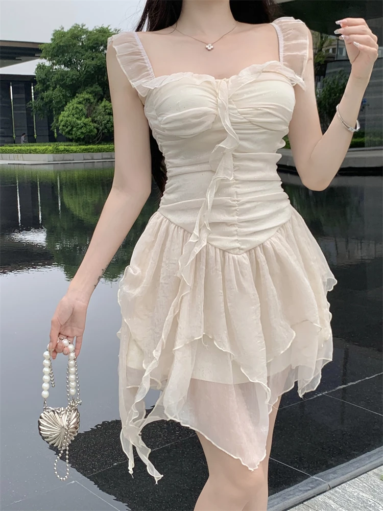 Y2K Irregular Ruffles Short Dresses for Women Spaghetti Strap High Waist A-line Summer New Korean Fashion One Piece Party Dress