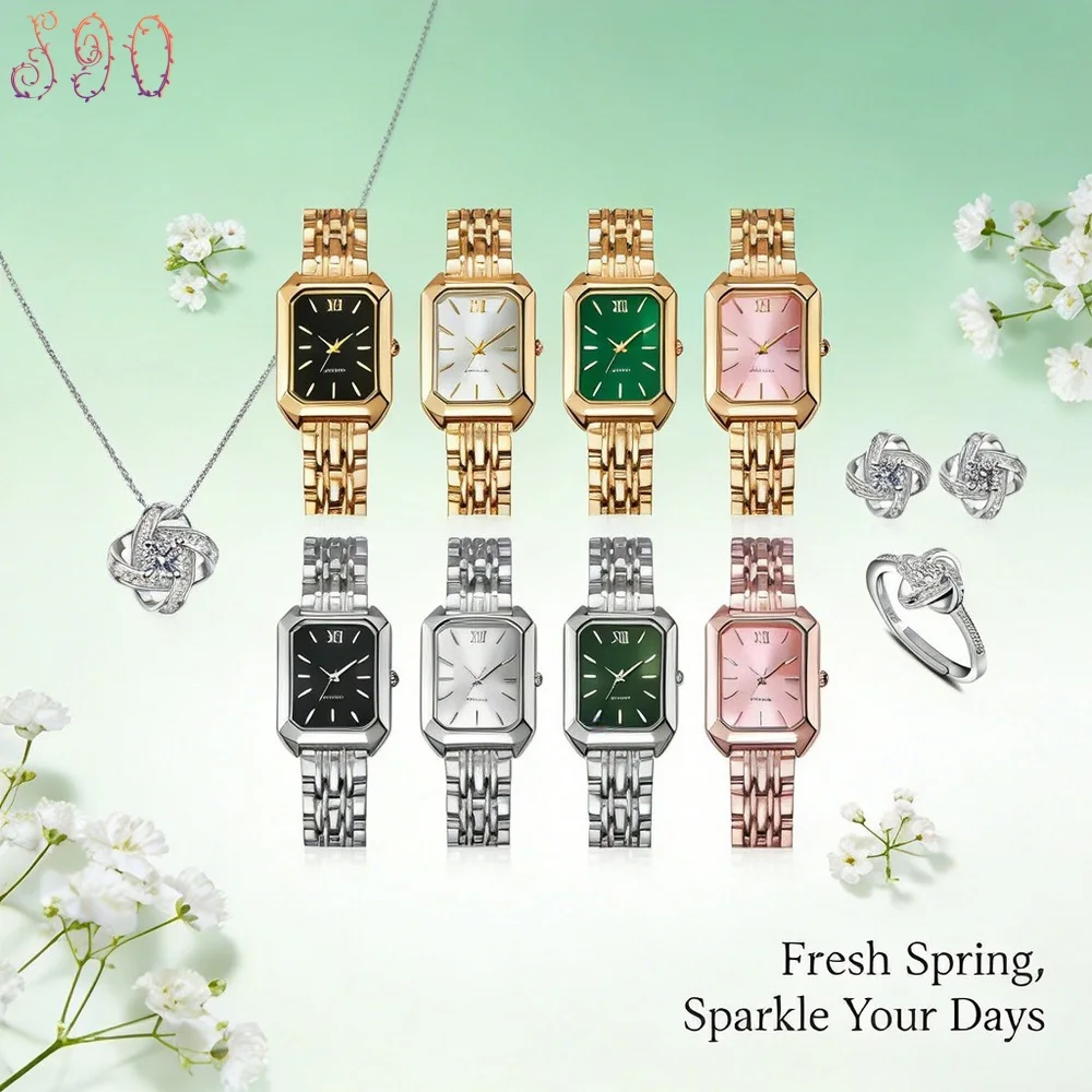  고급 여성용 시계 주얼리 선물 세트 CZ 다이아몬드 크리스탈 목걸이 귀걸이 ..