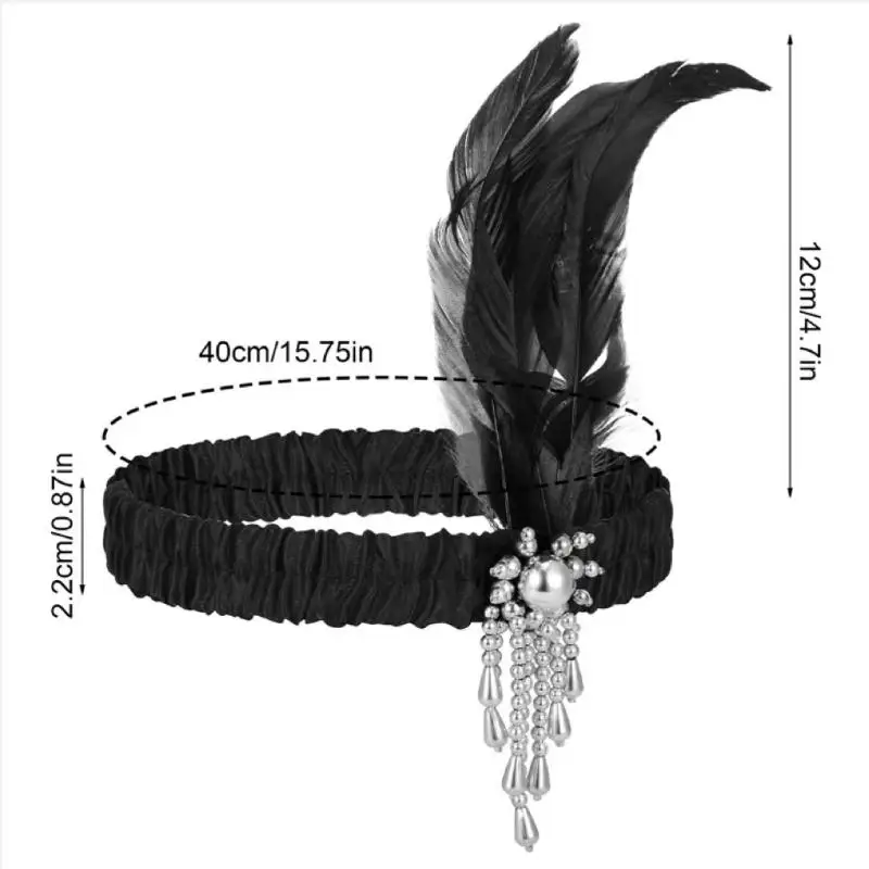 Women's Black Hair Accessories Beaded Hair Band 1920s Retro Gatsby Single Party Ladies Headwear Dress UP Feather Headband