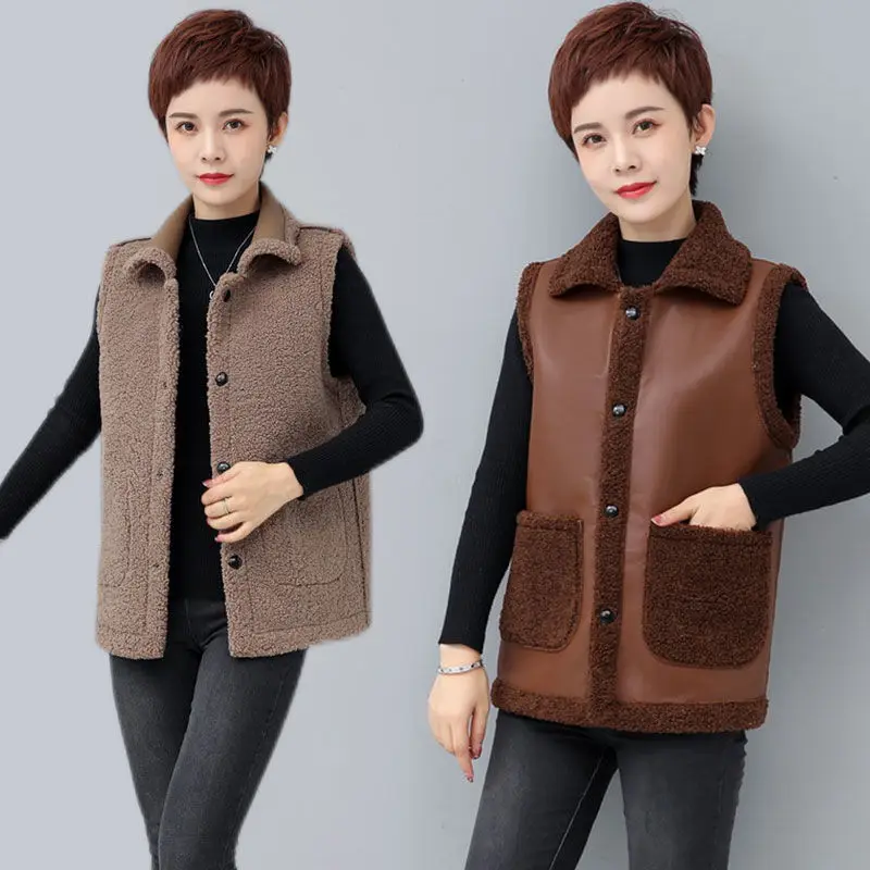 

2023 Fashion Women Faux Lamb Wool Vest Tops Sleeveless Winter Coat Korean Brown Jackets Thicken Outerwear for V126