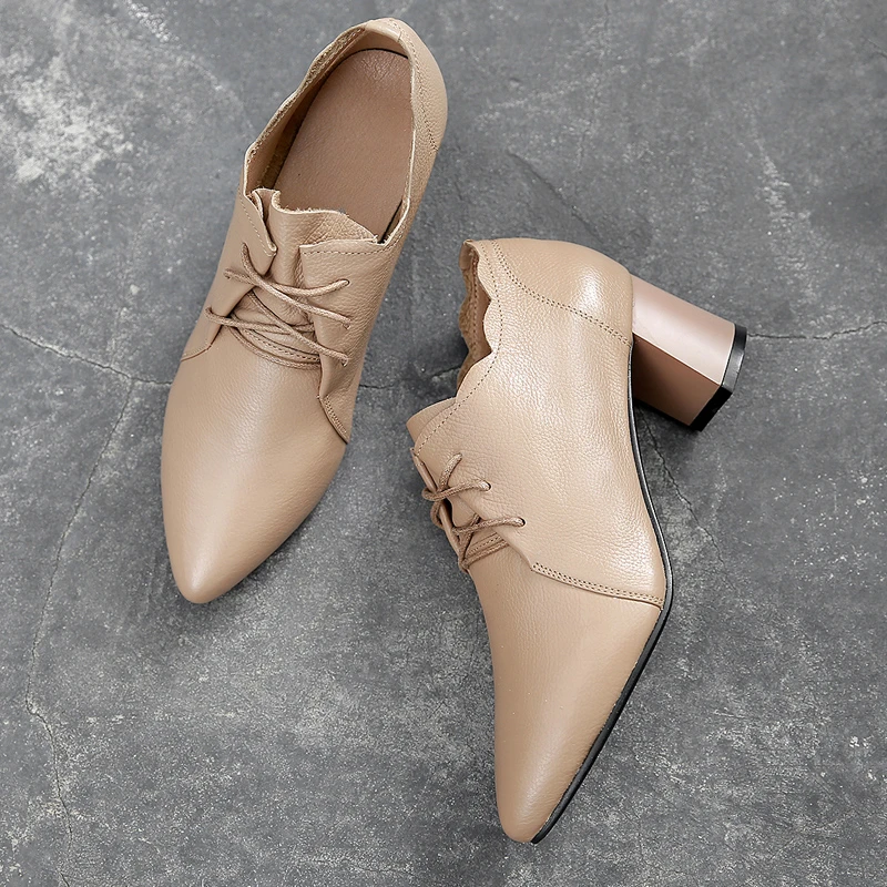 New Soft Leather Single Shoes Women's Genuine Leather Thick Heel Deep Lace up Versatile Small Leather Shoes