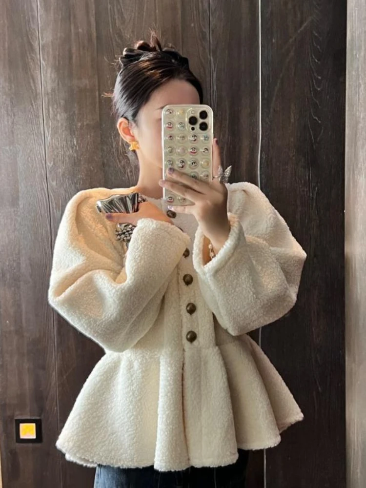 

Sweet Ladies Ruffled Hem Lambswool Jacket for Women 2023 Autumn and Winter New Loose Fashion Single-Breasted Long Sleeve Coat