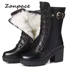 ZANPACE – bottes de neige en cuir pour femme, chaussures à talons hauts en laine, garde au chaud, grande taille 42, haute qualité, hiver
