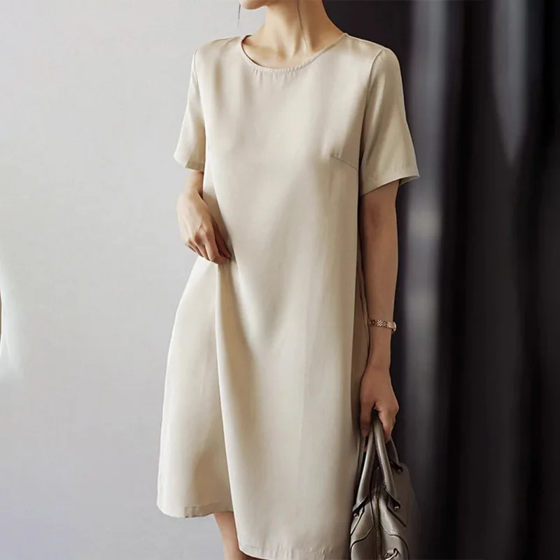 

92% Real Silk High Quality Casual Women Dress O-neck Short Sleeve Summer Knee Length Champagne Dresses