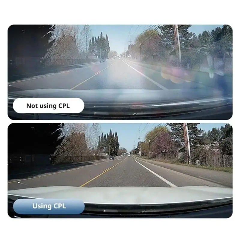 Comparaison avec et sans filtre CPL polariseur pour 70mai A810 : reflets supprimés sur le tableau de bord.