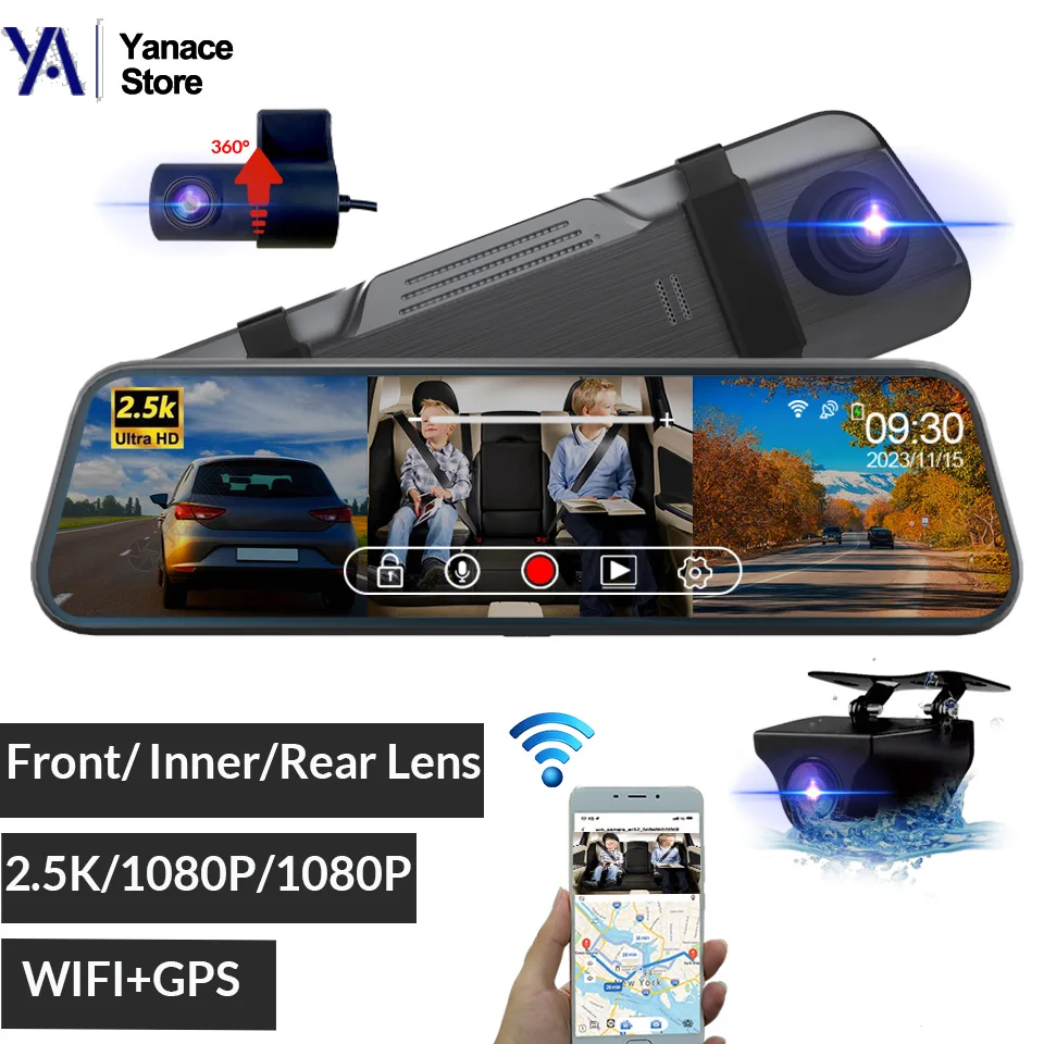 

Видеорегистратор автомобильный 3-канальный с поддержкой Wi-Fi и Gps, 2,5 к