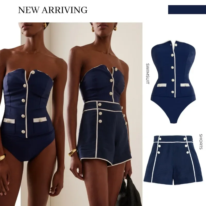Navy Strapless Simple One-piece Swimwear Set Summer Women one piece swimsuit,women swimwear