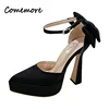 Comemore 2023 Summer New Fashion Satin Pumps High Heel Sandals Bow Buckle Pointed Toe Thick Heel Women's Shoes High Heels Women 6