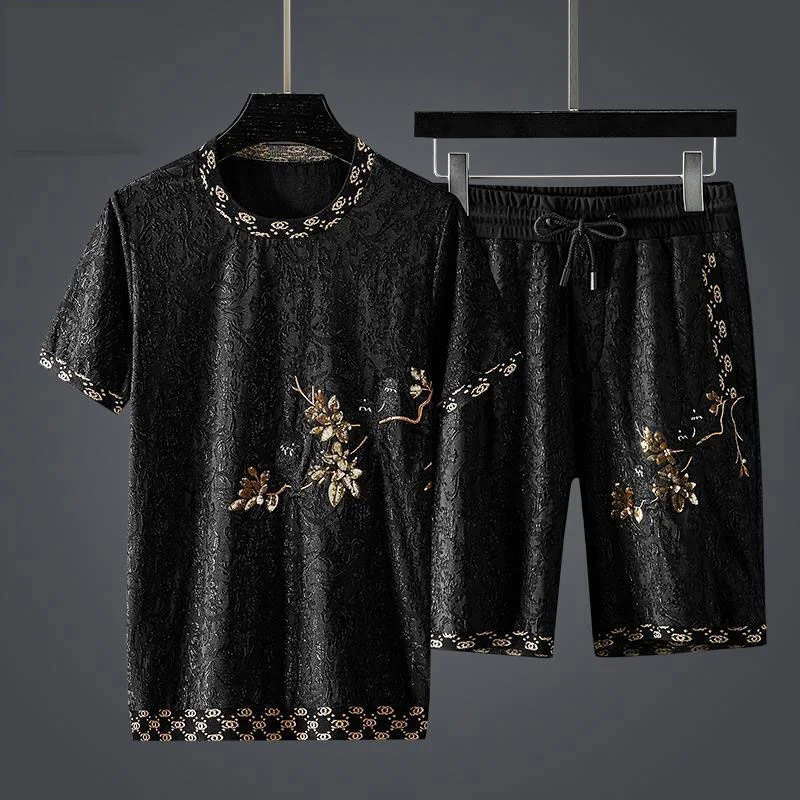 

Luxury brand Chinese style new jacquard embroidered shorts casual sports suit men's summer large size short sleeve versatile fas