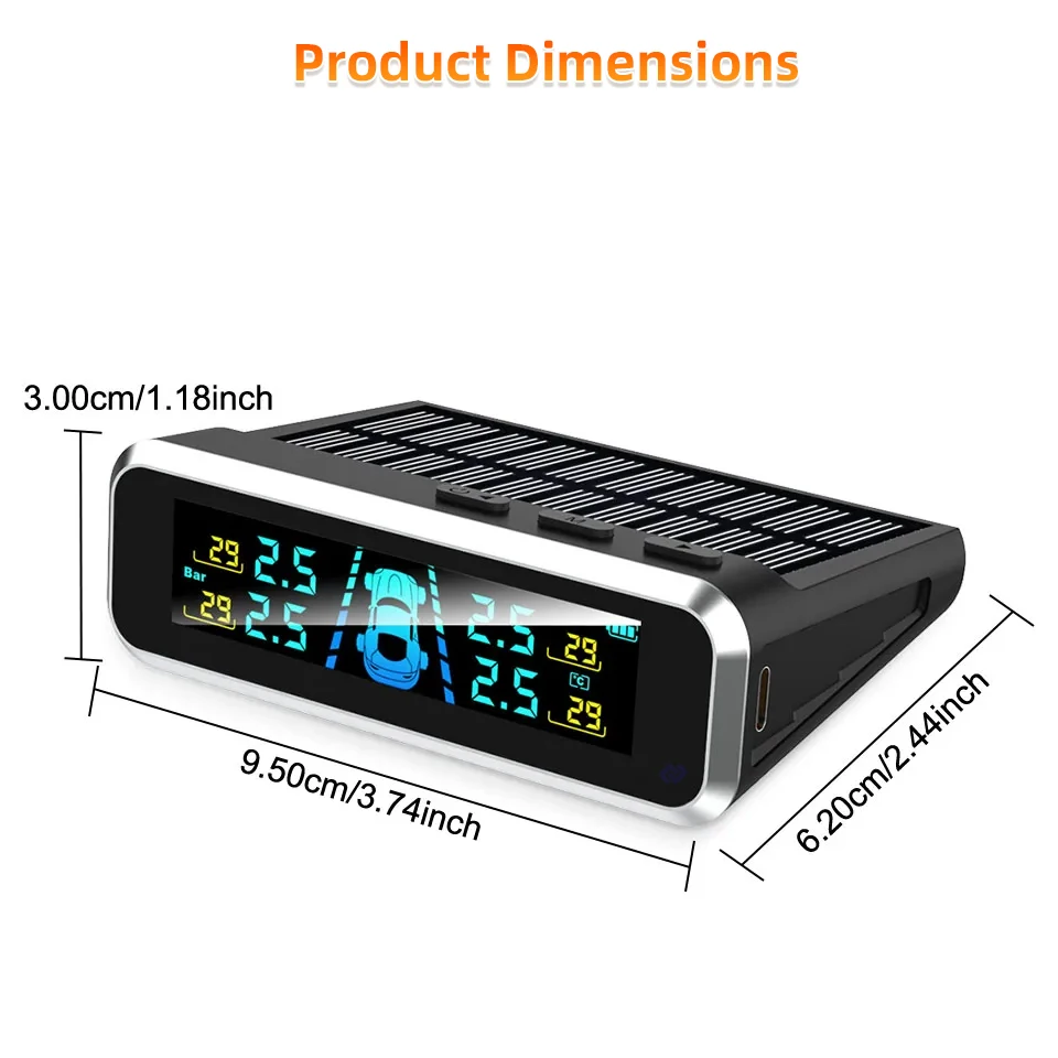 Sistema di monitoraggio della pressione dei pneumatici wireless E-ACE con display a colori dinamico, temperatura pneumatici, USB/Solare, 4 sensori TPMS - immagine 6