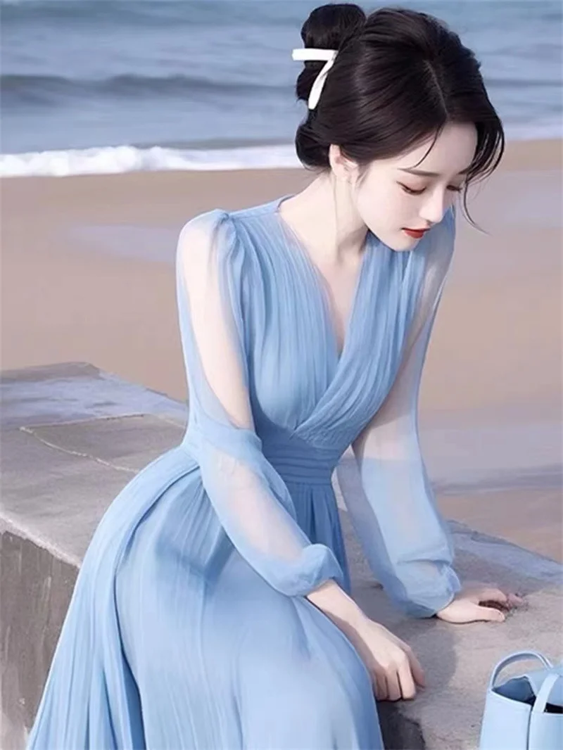 Elegant V-Neck Solid Color Loose Ruffles Long Dress Women's Clothing 2026 Summer New Long Sleeves Blue Chiffon Lady Party Dress