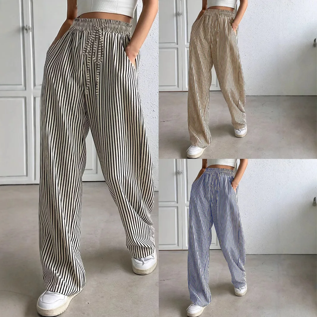 Women Striped Wide Leg Pants Autumn Full Trousers