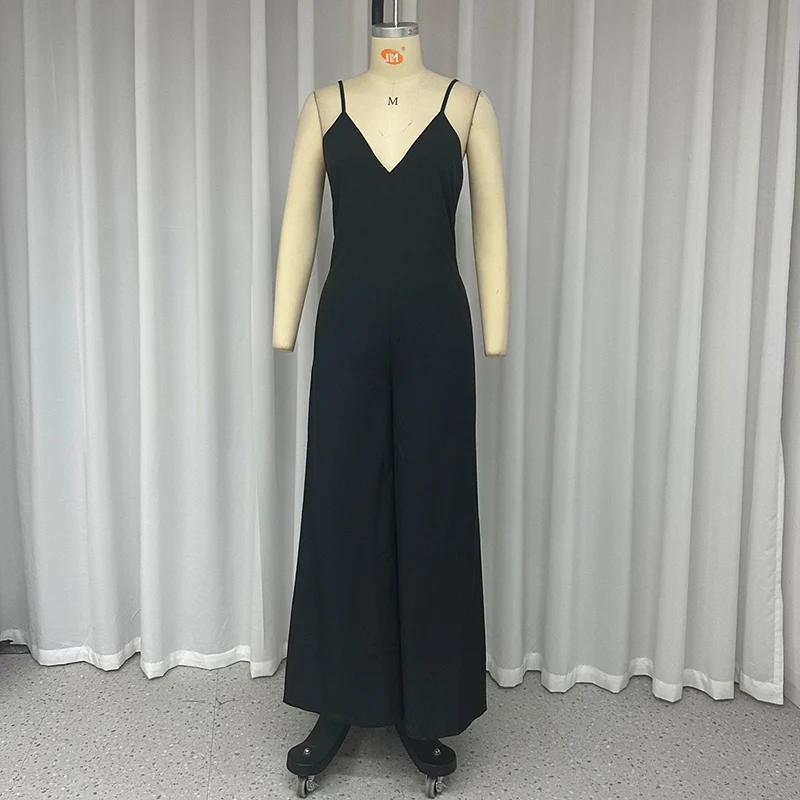 Wefads Jumpsuit Women Summer Thin Casual Sexy Sleeveless Suspender V Neck Solid Black Office Lady Wide Legs Rompers Streetwear