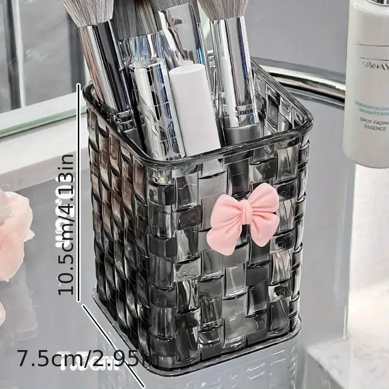 Durable Clear Acrylic Desk Organizer with Bow Accent PMMA Pen Holder and Storage Basket for Office Supplies Pens and Accessories