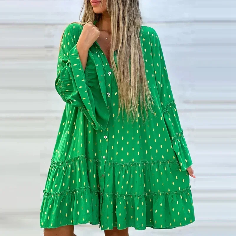 

Vintage Flare Sleeve Loose Hem A-Line Robe Fashion Button Shirt Party Women Gilded Dot Print Pleat Casual Beach Mini Dress