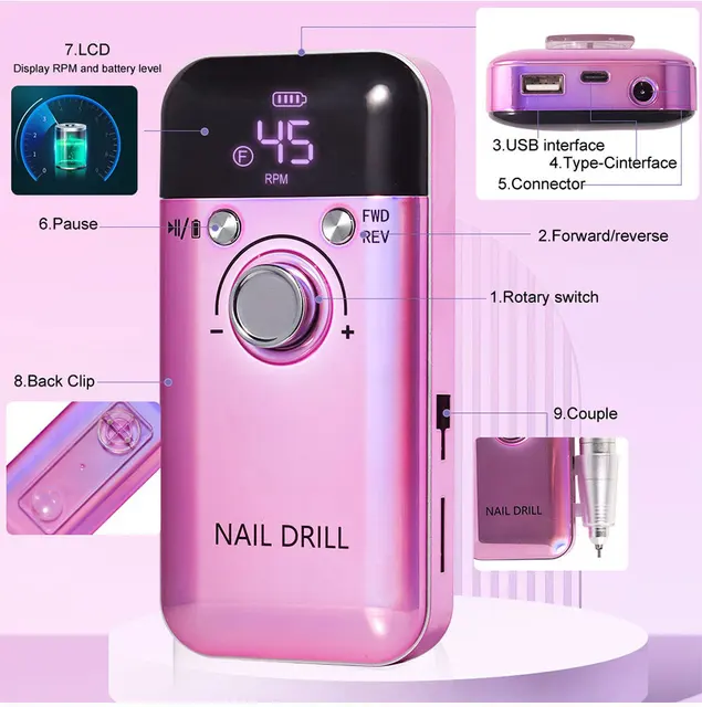 Nail Drill Rechargeable Portable Nail File Manicure Tool 45000RPM 3