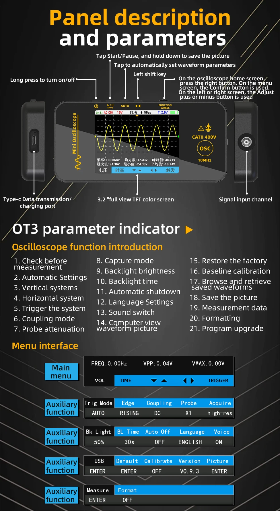 OT3 Handheld Oscilloscope 3.2” TFT LCD Digital Scope Tester, 10MHz/48MSa/s,Potab