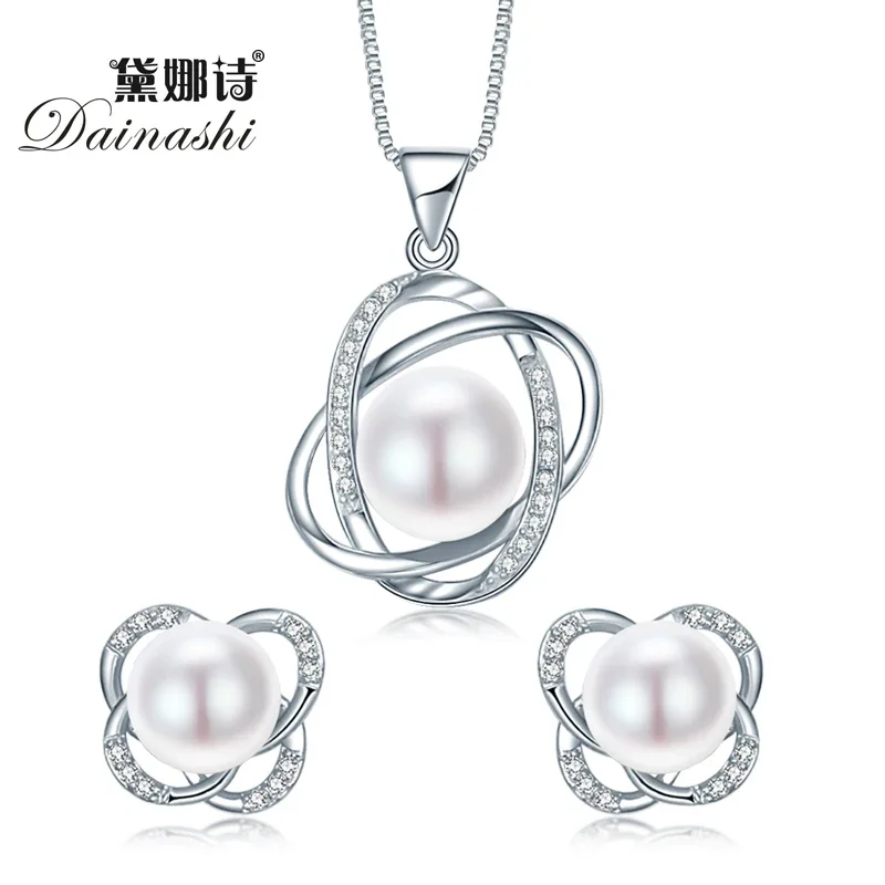 Top Quality Trendy Cross 925 Sterling Silver Jewelry Sets Pendant Necklace & Earring Big Pearl Pendant Earrings For Women Gift