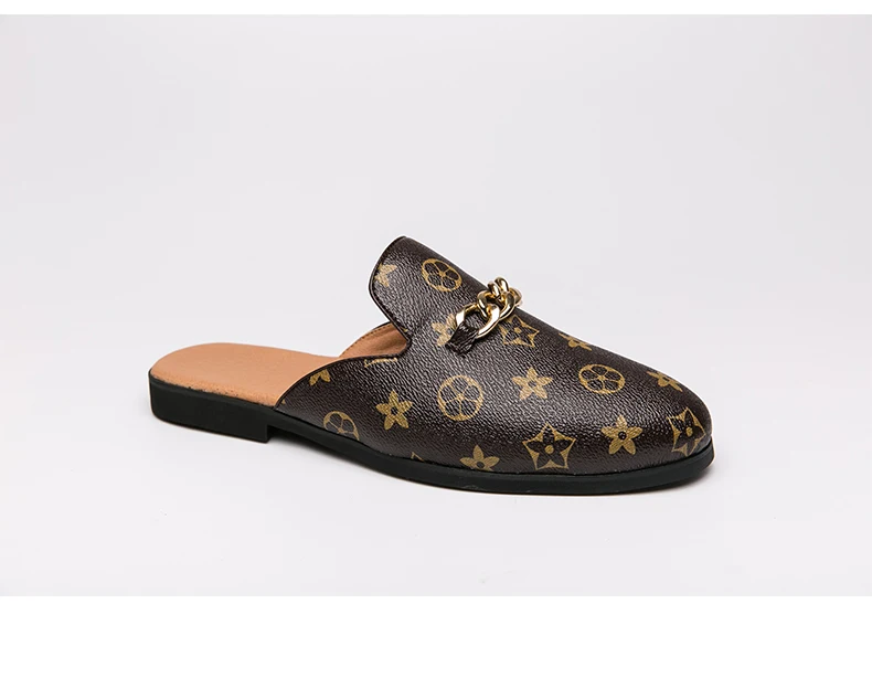 Cow Genuine Leather Summer Slip-On Shoes Large Size  Embroidered Flat Mules with Slingback And Metal Chain Detail