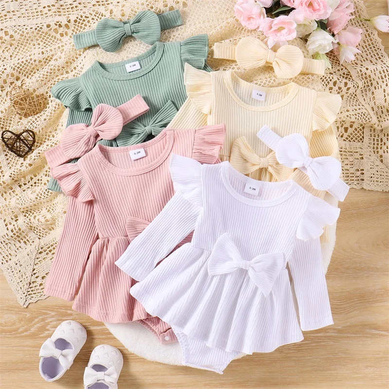 

Newborn Ribbed Casual Sweet Outfits Fall Spring Baby Girls Long Sleeve Crew Neck Bow A-line Romper Dress with Headband Set