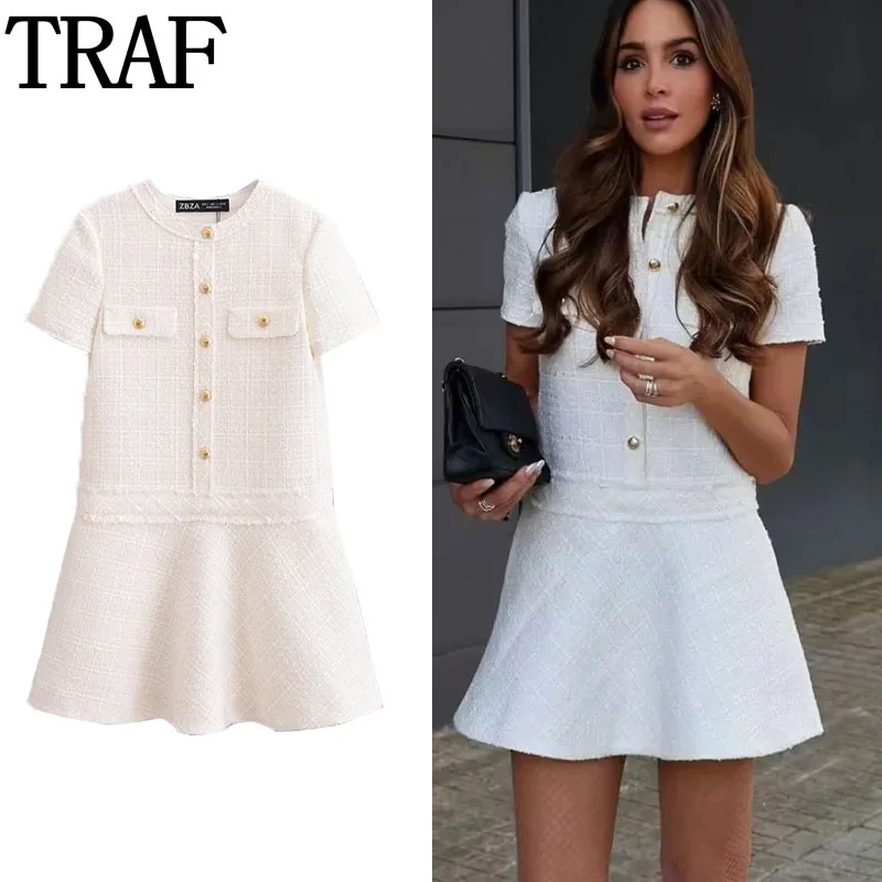 

TRAF Check Mini Dress Woman Summer Short Sleeve Textured Short Dresses For Women Casual Button Up Elegant Party Dresses 2024