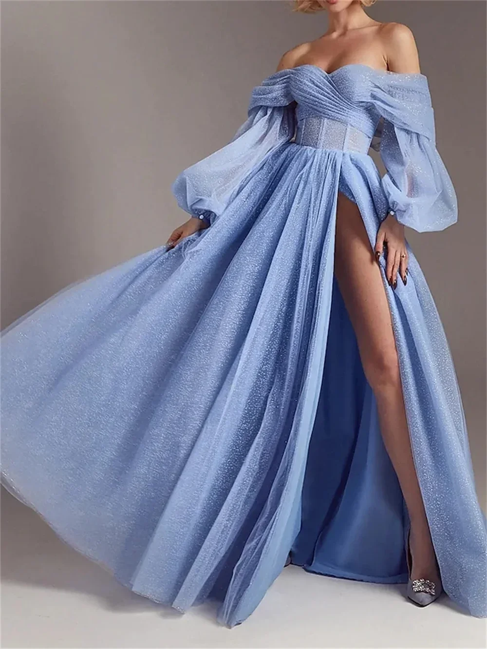 

puffy Off Shoulder Prom Evening Dresses Long Sleeves Tulle Front Slit Prom Dress Dubai Arabic Formal Party Ball Gown 2023