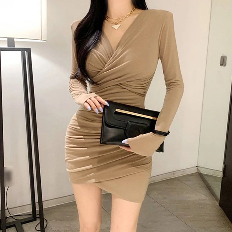 

Women Fashion Dress V-Neck Sexy Solid Wrap The Buttocks Long Sleeved Dress Slim Knitted Street Female Clothing Vestidos