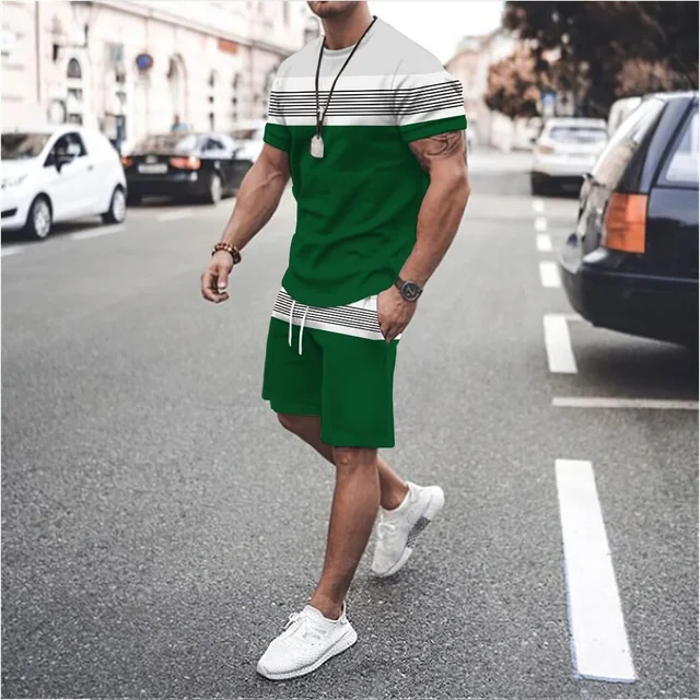 2022 New Summer Men's Suit Casual Beach Shorts Suit Sea View 3D Printing Short Suit Ordinary O-neck T-shirt 2-piece Set Oversize TS1279