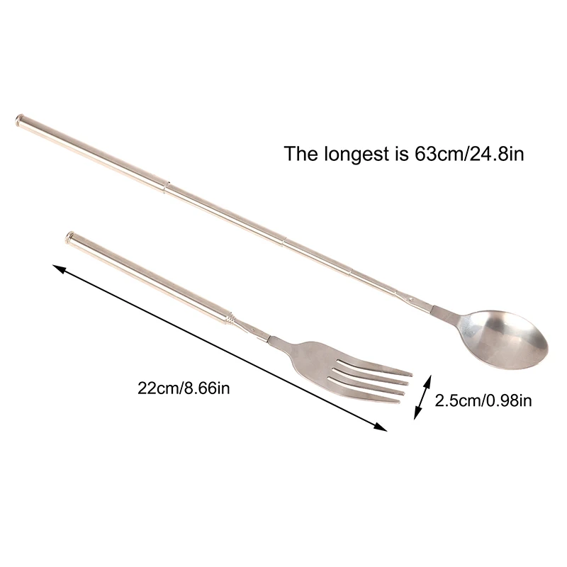 Silver Stainless Telescopic Extendable Spoon Fork Dinner Fruit Dessert Long Cutlery BBQ Meat Fork Kitchen Practical Tools stainless steel spoon,fruit fork,expandable fork,silverware set