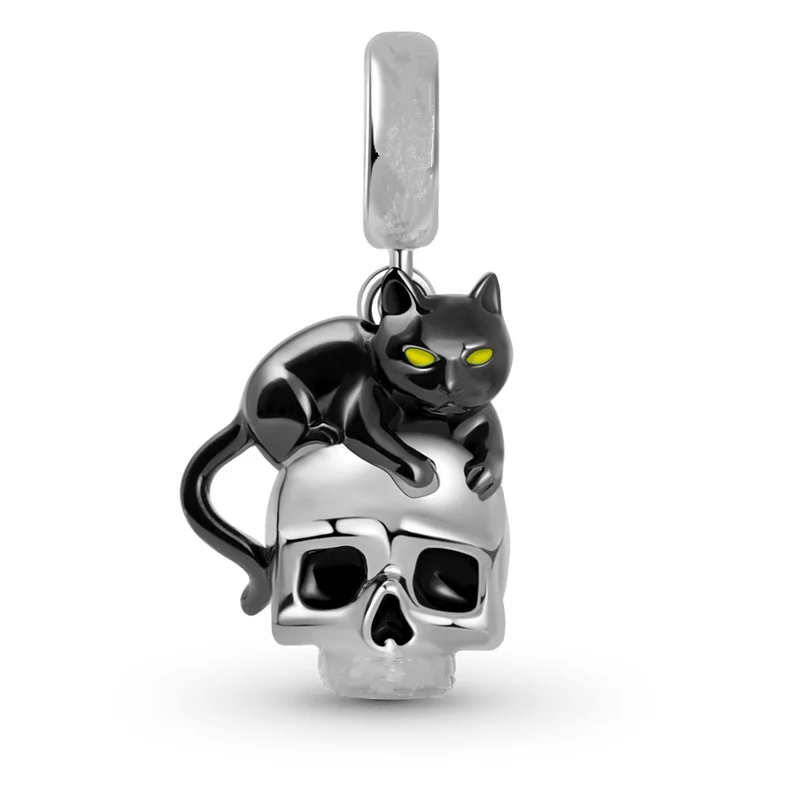 Sparkling Black Cat Loves Skull Pendant Strawberry Skull Charm Beads Fit Original European 925 Silver Bracelet DIY Women Jewelry 4
