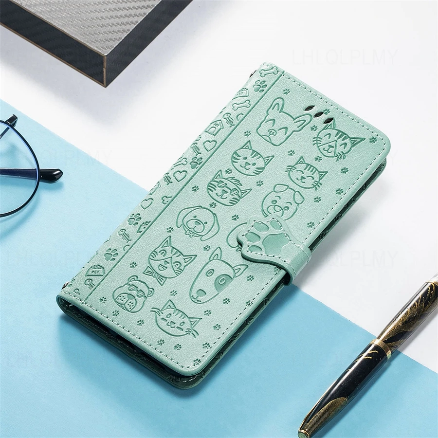 Leather Wallet Flip Case with Cat and Dog Motif Cover