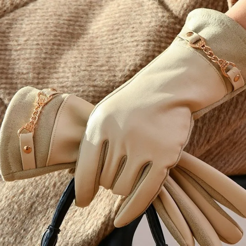 Winter Women Suede Leather Plus Velvet Keep Warm Chain Gloves Fashion Elegant Touch Screen Soft Drive Cycling Windproof Mittens