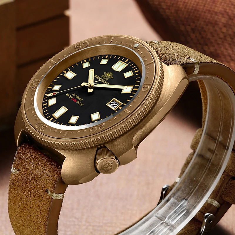 ADDIESDIVE CUSN8 Bronze Watch Men Automatic Watches NH35 Leather Strap C3 Super Luminous Sapphire Glass 200m Diving Wristwatch