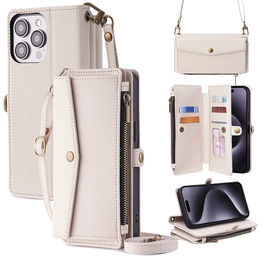 Versatile 6-Card Leather Wallet Case with Crossbody Strap and Wristlet