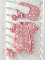 Baby Girls 4pcs Summer O-Round  Cotton Soft Printing Heart Streetwear Cute Bodysuit 1