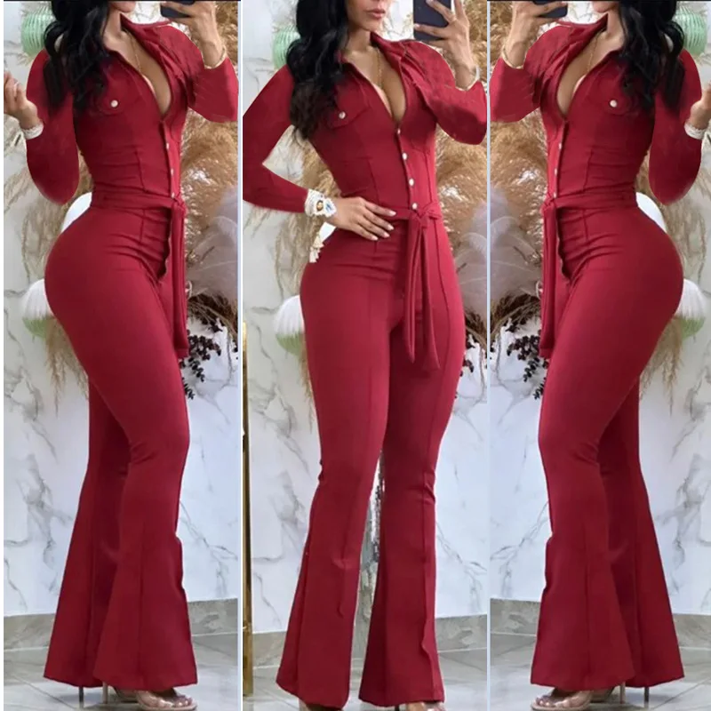 Casual Flared Pants Jumpsuit Women Solid Button Down High Waist Party Club Night Out Evening Jumpsuit with Belt