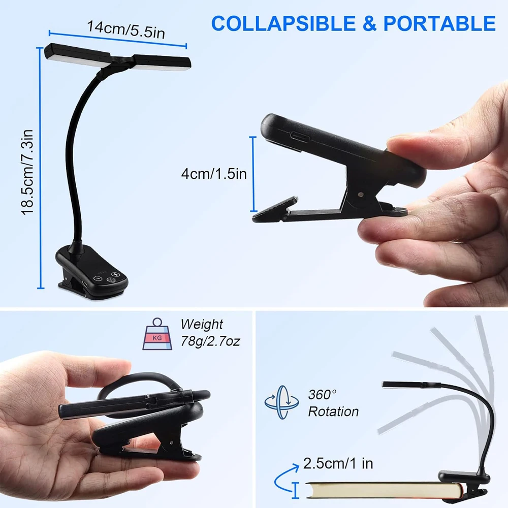 USB Recarregável Clip On Book Light, Luz da noite, Lâmpada de leitura portátil, Mini Desk Lamp, 3 Cores, 8 Brilho, 14 LED