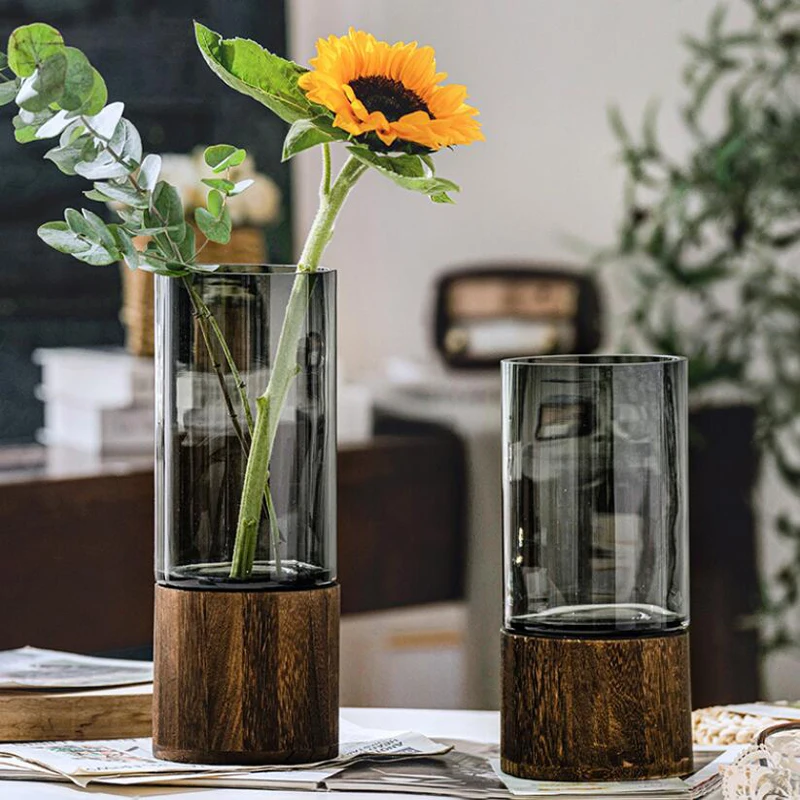 

Wooden Base Glass Vase Nordic Flower Pot Home Decoration Transparent Creative Table Dried Flower Arrangement Planter Art